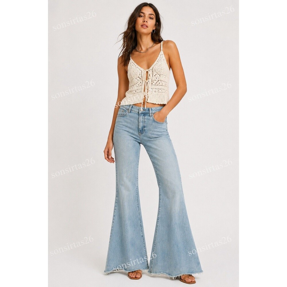 FREE PEOPLE We The Free Just Float On Flare Jeans Raw Hem Boho Y2K Sz 31 Hippie